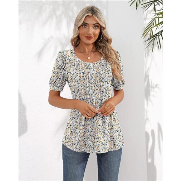Women's Puff Short Sleeve Tunic Tops Pleated Crew Neck Blouses Casual Loose - Picture 6 of 7